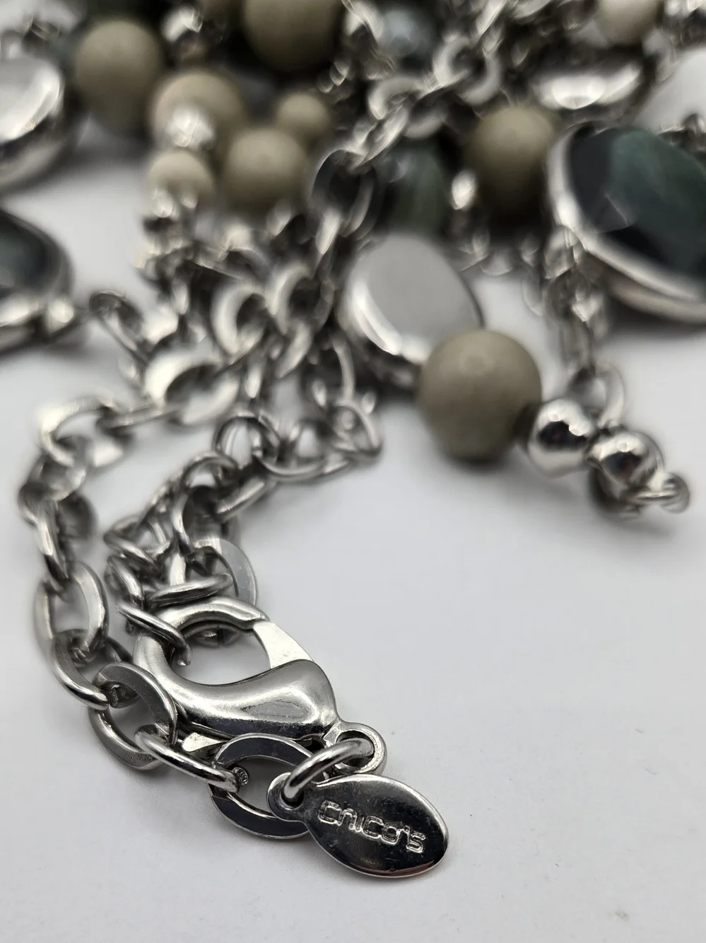 Chico's Green Labradorite Bead Multi-Strand Necklace Silver Accents Nature Fairy
